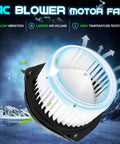 HVAC Blower Motor Fan Replacement for Chevy Impala 2004 To 2013 Buick LaCrosse Allure 2005 To 2009 Monte Carlo 2004 To 2007 Pontiac Grand Prix 2004 To 2008 Replacement 700107 19153333 shown with airflow arrows and icy background