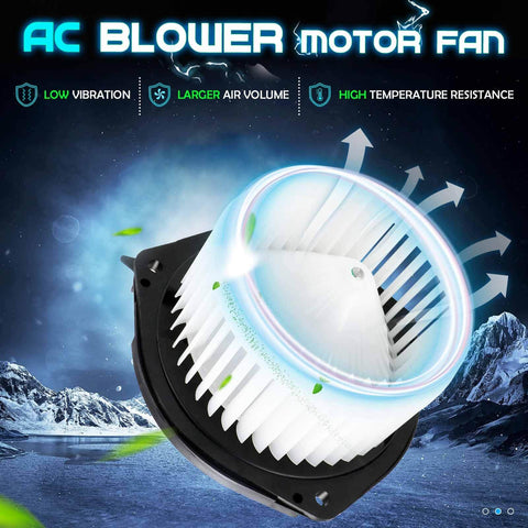 HVAC Blower Motor Fan Replacement for Chevy Impala 2004 To 2013 Buick LaCrosse Allure 2005 To 2009 Monte Carlo 2004 To 2007 Pontiac Grand Prix 2004 To 2008 Replacement 700107 19153333 shown with airflow arrows and icy background