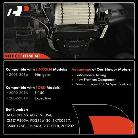 HVAC Heater Blower Motor With Fan Cage For Ford And Lincoln Vehicles data sheet highlighting model compatibility and benefits.
