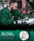 Mechanic examining HVAC Blower Motor With Front Fan Cage 700237 Replacement Direct Fit Drop In Ready for Ford vehicles