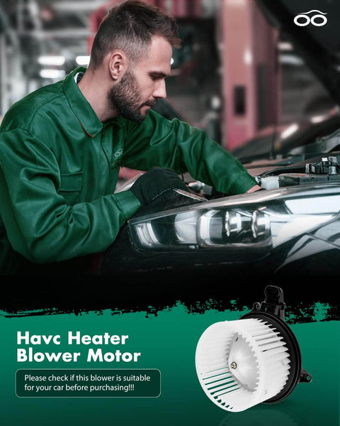 Mechanic examining HVAC Blower Motor With Front Fan Cage 700237 Replacement Direct Fit Drop In Ready for Ford vehicles