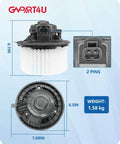 Front HVAC Blower Motor For Chevy Tahoe Suburban Silverado Avalanche GMC Yukon Sierra Cadillac Escalade 2007 2014 Drop In Replacement By GVPART4U Direct Fit shown with dimensions and connector details.