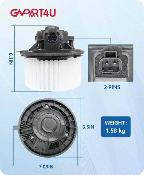 Front HVAC Blower Motor For Chevy Tahoe Suburban Silverado Avalanche GMC Yukon Sierra Cadillac Escalade 2007 2014 Drop In Replacement By GVPART4U Direct Fit shown with dimensions and connector details.
