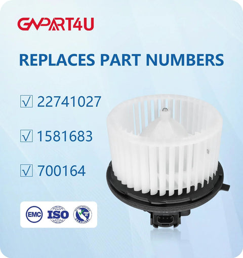 Front HVAC Blower Motor For Chevy Tahoe Suburban Silverado Avalanche GMC Yukon Sierra Cadillac Escalade 2007 2014 Drop In Replacement By GVPART4U Direct Fit shown with part numbers.