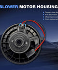 HVAC Blower Motor With Fan Cage Direct Fit Replacement For Chevy Silverado Tahoe Suburban Avalanche GMC Sierra Yukon Cadillac Escalade 1999 2000 2001 2002 2003 2004 2005 2006 2014 700089, viewed from front with wiring visible