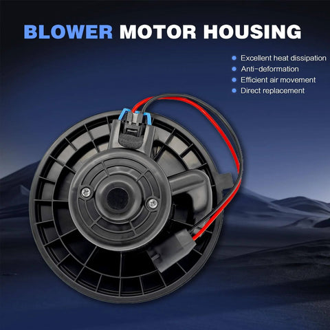 HVAC Blower Motor With Fan Cage Direct Fit Replacement For Chevy Silverado Tahoe Suburban Avalanche GMC Sierra Yukon Cadillac Escalade 1999 2000 2001 2002 2003 2004 2005 2006 2014 700089, viewed from front with wiring visible