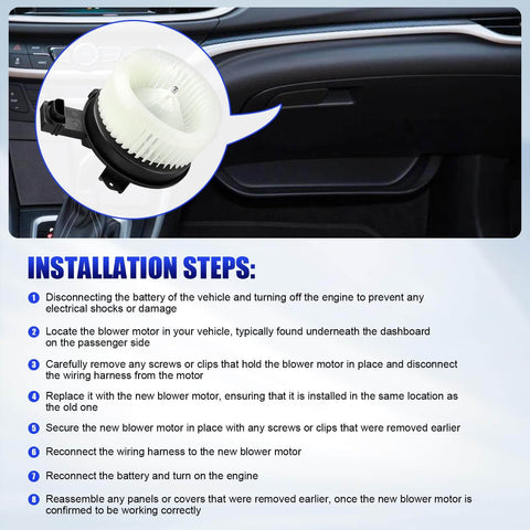 Image showing the installation steps for AC Blower Motor With Fan Compatible With Honda CRV Civic Accord Acura RDX ILX 2012 2017