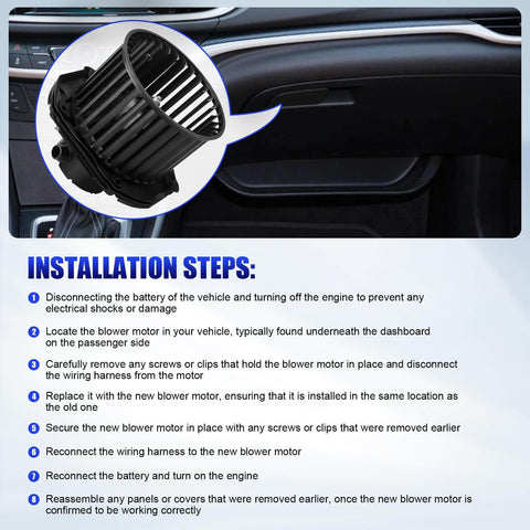 Installation guide for Premium Direct Fit HVAC Blower Motor With Fan For 1997 1998 1999 2000 Chevy Silverado Suburban Tahoe GMC Sierra Yukon 1500 2500 C1500 C2500 K1500 K2500 Cadillac Escalade Replaces OEM 700100