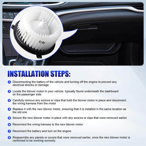 Installation guide with image of AC Blower Motor With Fan For Chevy Sonic Trax And Buick Encore 2012 Through 2020 Replacement HVAC Heater Blower.