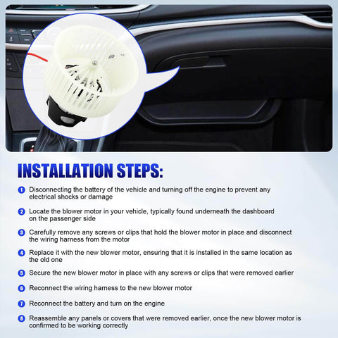 Installation steps for HVAC Heater Blower Motor With Fan For BMW 5 Series 528i 535i 550i 640i 650i 740i 750i 740Li 750Li 2011 2016 Replacement AC Fan Replaces 700294 Direct Fit Replacement Plug And Play Easy Install OEM Quality Climate Control Component