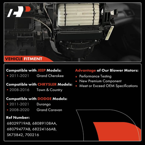 Front HVAC Blower Motor Replacement For Jeep Grand Cherokee 2011 To 2021 Durango 2011 To 2021 Dodge Grand Caravan 2008 To 2020 And Chrysler Town And Country 2008 To 2016 APremium with vehicle fitment details and specifications.