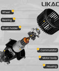 Diagram of Front HVAC Blower Motor 700089 For Chevrolet Tahoe 2000 2006 Silverado Avalanche Suburban GMC Sierra Yukon Cadillac Escalade Replacement Fan Fits Front Cabin Climate Control Likaci showing components.