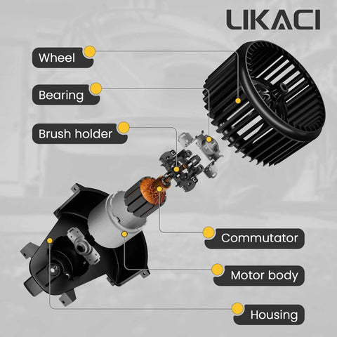 Diagram of Front HVAC Blower Motor 700089 For Chevrolet Tahoe 2000 2006 Silverado Avalanche Suburban GMC Sierra Yukon Cadillac Escalade Replacement Fan Fits Front Cabin Climate Control Likaci showing components.