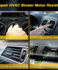 Four-panel image illustrating HVAC issues in a vehicle, such as blower speed problems and air ventilation malfunction.