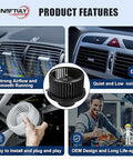 Front HVAC Blower Motor Replacement For Chevy Tahoe Silverado 1500 2500 Avalanche Suburban GMC Yukon Sierra Cadillac Escalade Easy Install displayed with product features and installation process.