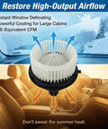 Illustration of HVAC Blower Motor Fan Assembly Drop In Replacement For Chevy Silverado Truck Tahoe Suburban GMC Sierra Yukon Cadillac Escalade 2007 To 2014 Front Heater Fan Replaces 15 81683 700164 demonstrating air flow in vehicle cabin.