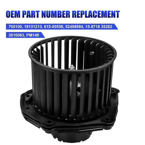 Premium Direct Fit HVAC Blower Motor With Fan For 1997 1998 1999 2000 Chevy Silverado Suburban Tahoe GMC Sierra Yukon 1500 2500 C1500 C2500 K1500 K2500 Cadillac Escalade Replaces OEM 700100, shown in black with vertical fan blades.