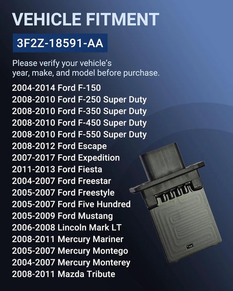 Image showing HVAC Blower Motor Resistor Replacement For Ford F-150 2004-2014 and other models with part number 3F2Z-18591-AA.