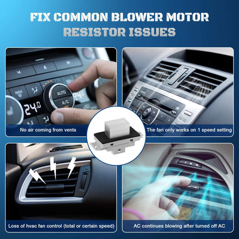 Collage explaining HVAC Blower Motor Resistor Kit With Harness For Your Ride 2003 2004 2005 2006 Chevrolet GMC Cadillac issues