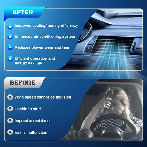 Comparison of car dashboard showing AC vent before and after installing Beefy HVAC Blower Motor Resistor Replacement YH1715.