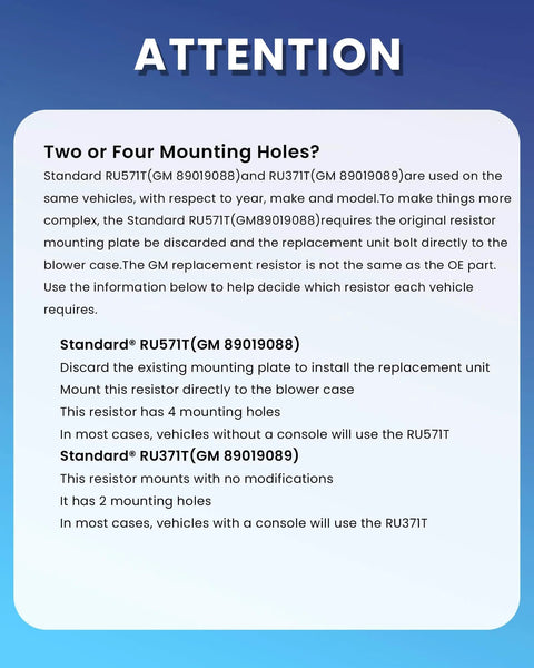 Comparison chart for GM HVAC Blower Motor Resistor RU571T and RU371T with mounting instructions