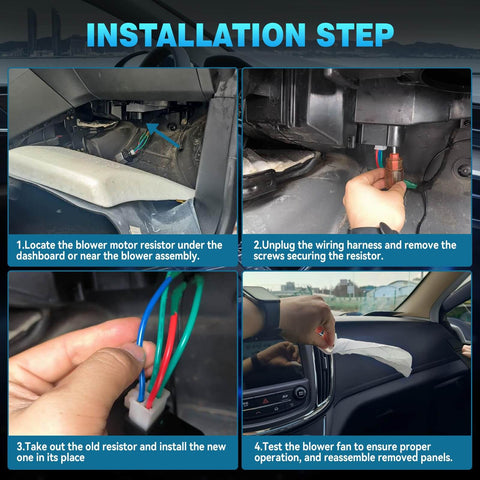 Installation steps for HVAC Blower Motor Resistor Replacement For Kia Optima Sorento Soul Forte Koup Sedona Santa Fe Elantra Sonata Elantra GT Azera And Hyundai Elantra Coupe Elantra Sport Replacement RU656.