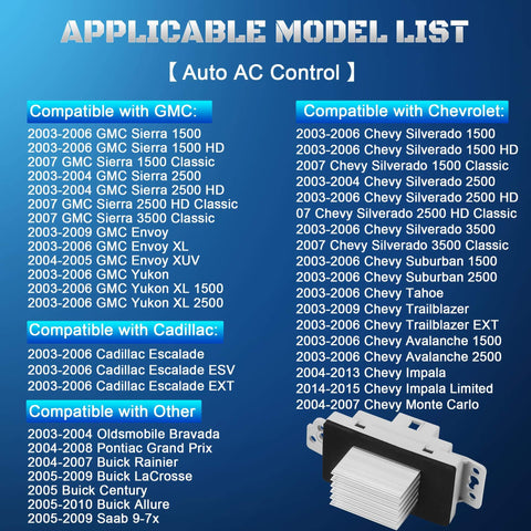Applicable model list with HVAC Blower Motor Resistor Kit With Harness for GM vehicles 2003-2006, part fits multiple models.