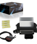 Rugged HVAC Blower Motor Resistor Control Module With Auto Temperature Control For Ford F-150 2009-2014 And SUVs Like Expedition Mustang Flex Taurus Escape Mercury Lincoln Navigator OE Style Replacement 9L3Z-19E624-B shown with packaging, wires, and connectors.