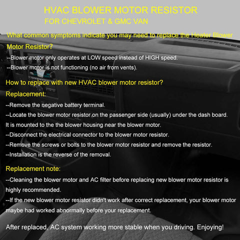 HVAC blower motor resistor replacement guide for Chevy and GMC van, showing vehicle dashboard and resistor location.
