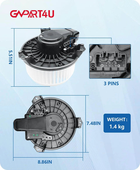 Front HVAC Blower Motor Replacement For Toyota Camry Tundra 4Runner Highlander Venza Avalon And Lexus ES350 ES300h GX460 2007 To 2020 Models Direct Fit OE PM9351 75830 871030E040, dimensions and connector view