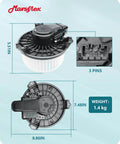 Front HVAC Blower Motor Replacement For Toyota And Lexus By Marsflex Plug And Play Fit dimensions and connector details.