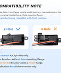 Front HVAC Blower Motor Resistor Kit For Chevy Silverado Trucks 1500 2500 3500 Tahoe Suburban Avalanche GMC Sierra Yukon XL Cadillac Escalade 1999 To 2006 Replacement AC Climate Control Module compatibility note showing correct 2-hole and incorrect 4-hole resistors for manual AC systems