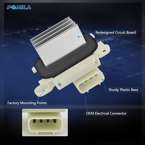 Front view of HVAC Blower Motor Resistor Replacement For Ford F150 Expedition Lincoln Navigator Mark LT 2009 2017 Direct Fit OE Replacement YH1829 BL3Z19E624A 100 Percent Tested Meets OEM Standards, showing redesigned circuit board and sturdy plastic base.