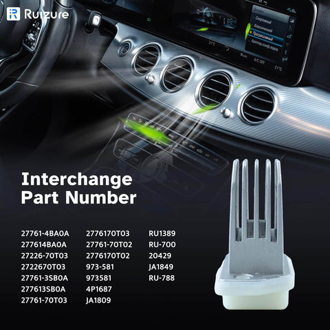 HVAC Blower Motor Resistor Replacement For Nissan Rogue 2008 2009 2010 2011 2012 2013 And Infiniti QX60 QX4 G20 I30 Q45 G45 With Auto Temp Control Fits Front Or Rear Climate Control Systems shown with interchange parts list.