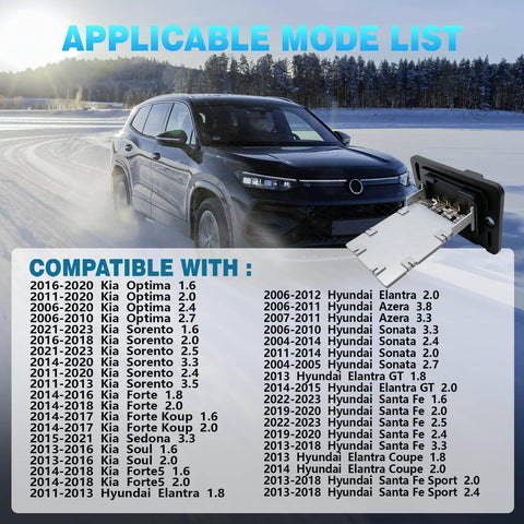 HVAC Blower Motor Resistor Replacement For Kia Optima Sorento Soul Forte Koup Sedona Santa Fe Elantra Sonata Elantra GT Azera And Hyundai Elantra Coupe Elantra Sport Replacement RU656 with compatibility list and car image