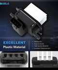 Rugged HVAC Blower Motor Resistor Control Module With Auto Temperature Control For Ford F-150 2009-2014 And SUVs Like Expedition Mustang Flex Taurus Escape Mercury Lincoln Navigator OE Style Replacement 9L3Z-19E624-B, close-up view of the module's connectors, made of durable plastic material.