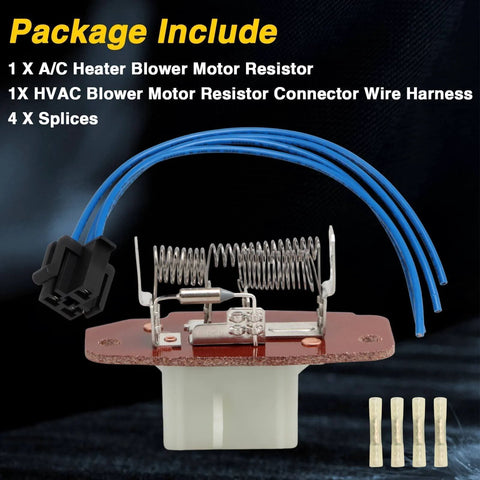 HVAC Blower Motor Resistor With Connector Wire Harness For Ford E Series Vans E 150 E 250 E 350 E 450 E 550 Econoline Manual Air Conditioning Replacement Part 4C2Z19A706AA F6UZ19A706AA shown with wire harness and splices