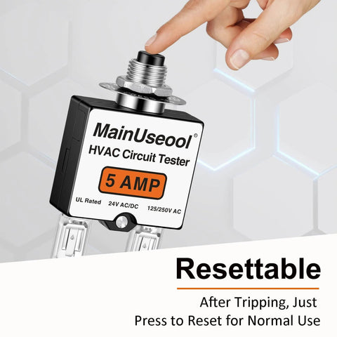Close-up of 5 Amp MainUseool HVAC circuit tester with reset button, part of the Must Have Resettable Fuse Kit For HVAC Systems.