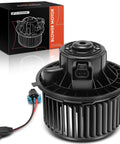 HVAC Heater Blower Motor With Fan Cage for 2007 Through 2014 Chevrolet Silverado Tahoe Suburban Avalanche GMC Sierra Yukon Cadillac Escalade Hummer Vehicles, Rock Solid OEM Style Replacement, Easy Install, Keeps Cabin Cozy, shown in packaging with connectors.