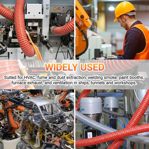 Industrial setting showing red 2 Inch Silicone Flexible Air Duct Hose For High Heat Exhaust And Dryer System, 10 Foot Length