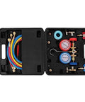 AC manifold gauge set for Pro Grade 3.5 CFM Single Stage Vacuum Pump For HVAC Systems, includes hoses and tools in case