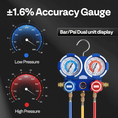 VIVOHOME 110V 1/4 HP 3.5 CFM Single Stage Rotary Vane HVAC Vacuum Pump and 3 Way AC Manifold Gauge Set showing accuracy gauge