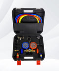 Image of an HVAC kit with three way manifold gauge set, hoses, and components in a case. Three Point Five CFM Vacuum Pump With Three Way Manifold Gauge Set For HVAC Refrigeration R12 R22 R134A R502 Compatible.