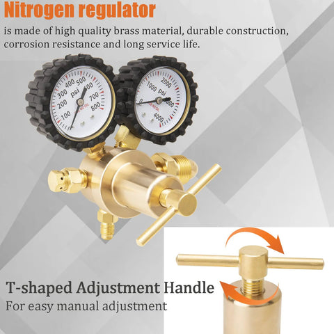 Nitrogen Regulator For HVAC With 60 Inch Hose Pro Grade Purging And Pressure Testing Tool shown with dual gauges and T-shaped handle