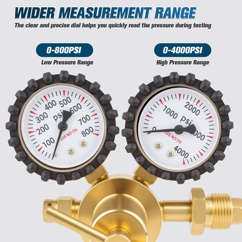 Dual gauge view of Nitrogen Regulator For HVAC Purging And Leak Testing 0 To 800 PSI Output With CGA580 Inlet and Flare Outlet