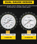 Dual gauges of heavy duty nitrogen regulator HVAC, showing 0-800 PSI and 0-4000 PSI ranges.