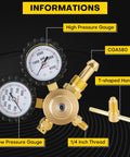 Heavy duty nitrogen regulator HVAC with dual gauges and T-shaped handle, showing CGA580 inlet and 1/4 inch thread details.