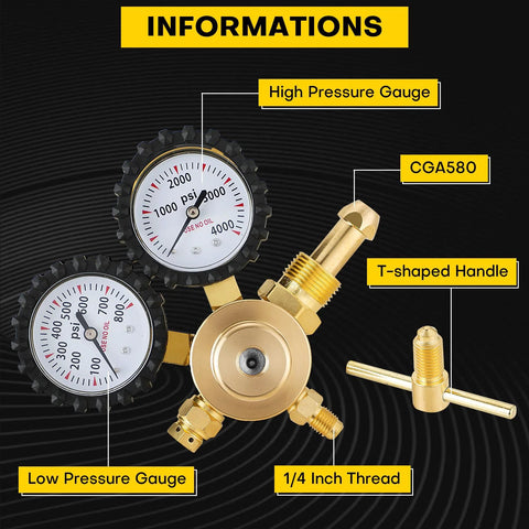 Heavy duty nitrogen regulator HVAC with dual gauges and T-shaped handle, showing CGA580 inlet and 1/4 inch thread details.