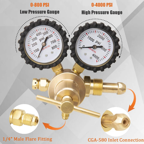 Nitrogen Regulator For HVAC With 60 Inch Hose Pro Grade Purging And Pressure Testing Tool 0-4000 PSI Inlet CGA580 One Fourth Inch Outlet
