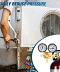 Nitrogen Regulator For HVAC Purging And Leak Testing 0 To 800 PSI Output With CGA580 Inlet, shown in use with air conditioning unit.
